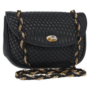 Authentic BALLY Quilted Chain Shoulder Bag Leather Black Gold